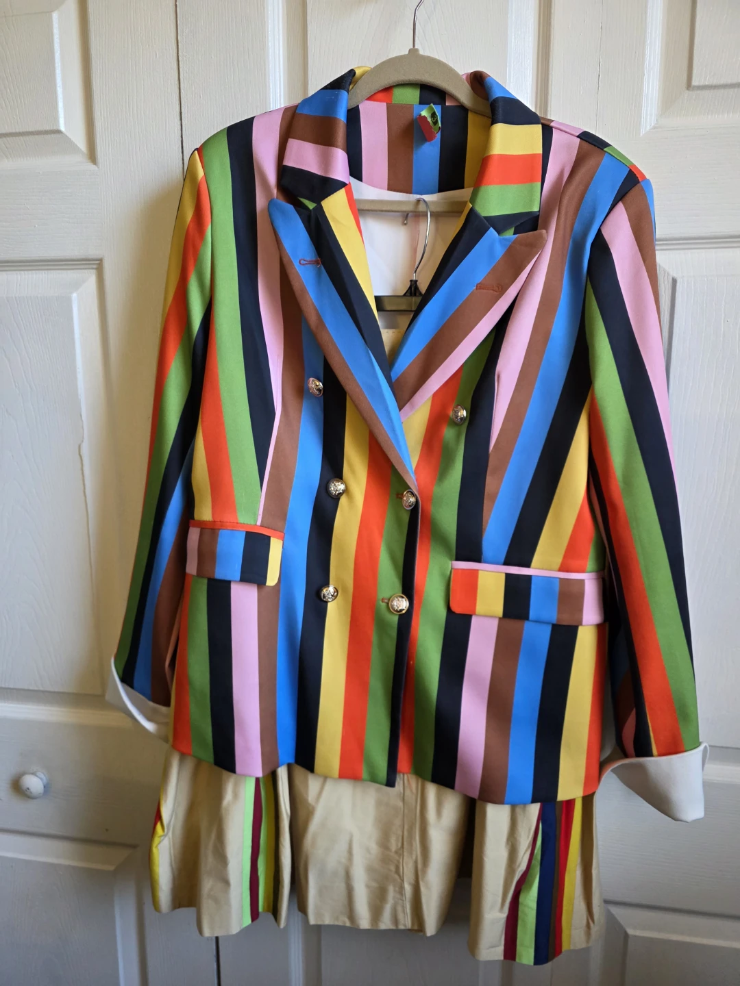Multi-Color Striped Double-Breasted Blazer and Skirt Set