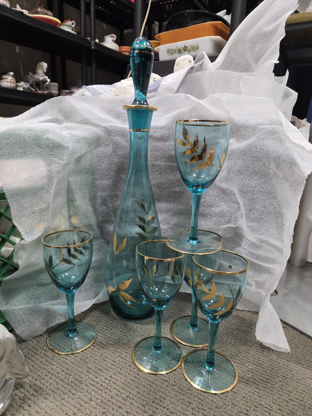 Italian Teal Glass Decanter 5 Goblets Set with Gold Leaf - photo 2
