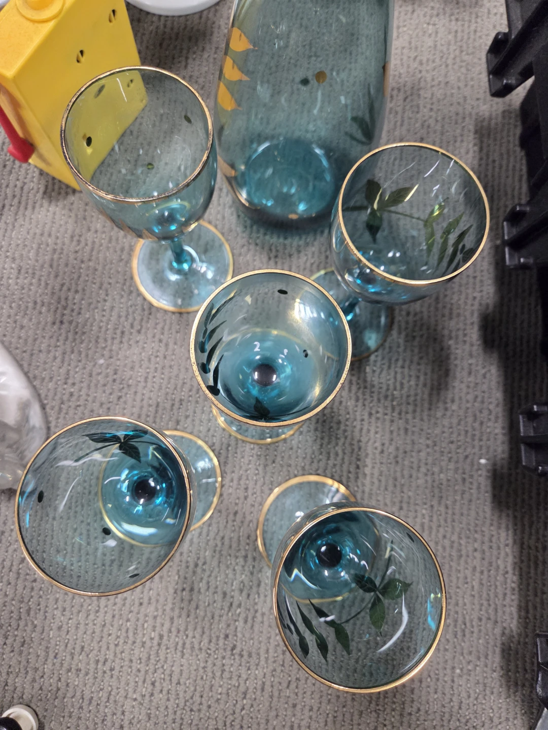 Italian Teal Glass Decanter 5 Goblets Set with Gold Leaf - photo 3