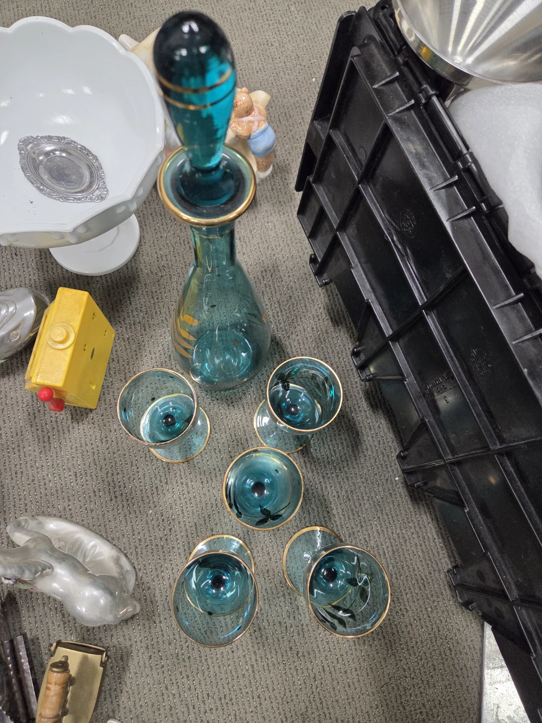 Italian Teal Glass Decanter 5 Goblets Set with Gold Leaf - photo 4