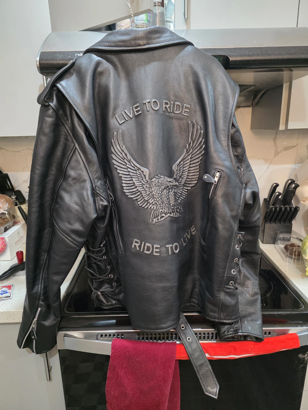 Black Leather Motorcycle Jacket with Eagle Design - photo 2