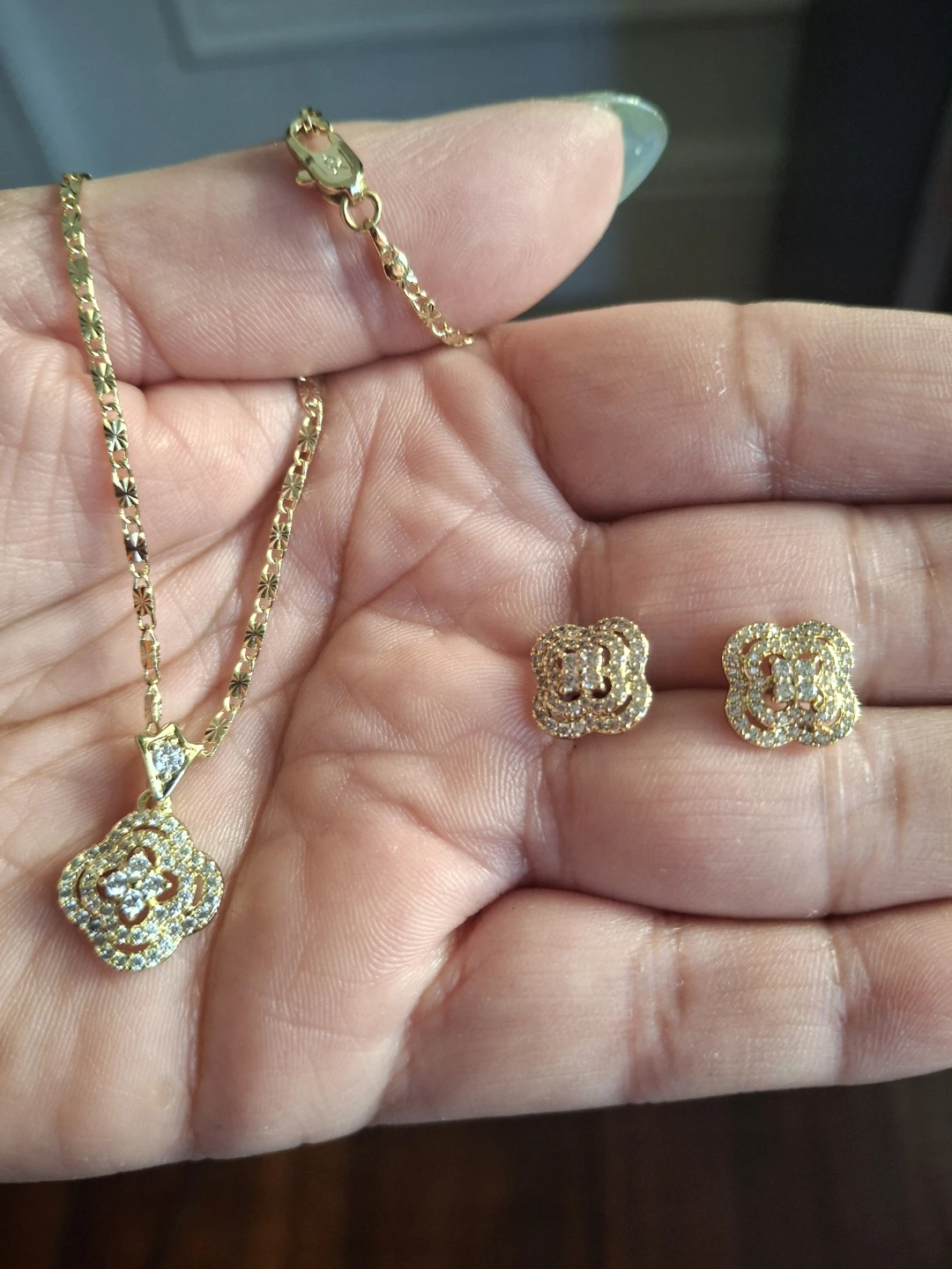 Gold Necklace and Earring Set with CZ Stones
