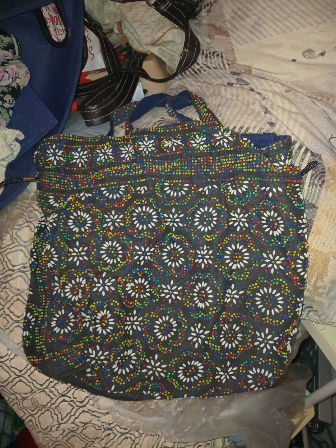 Beaded Tote Bag with Floral Pattern