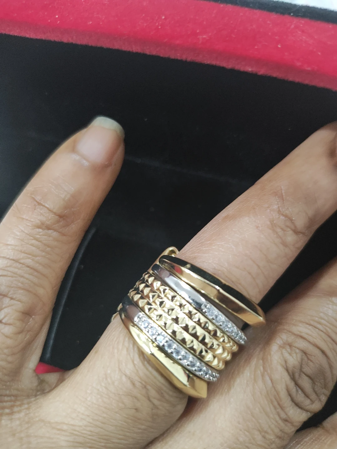 Gold and Silver Tone Stacked Ring with Rhinestones - photo 2