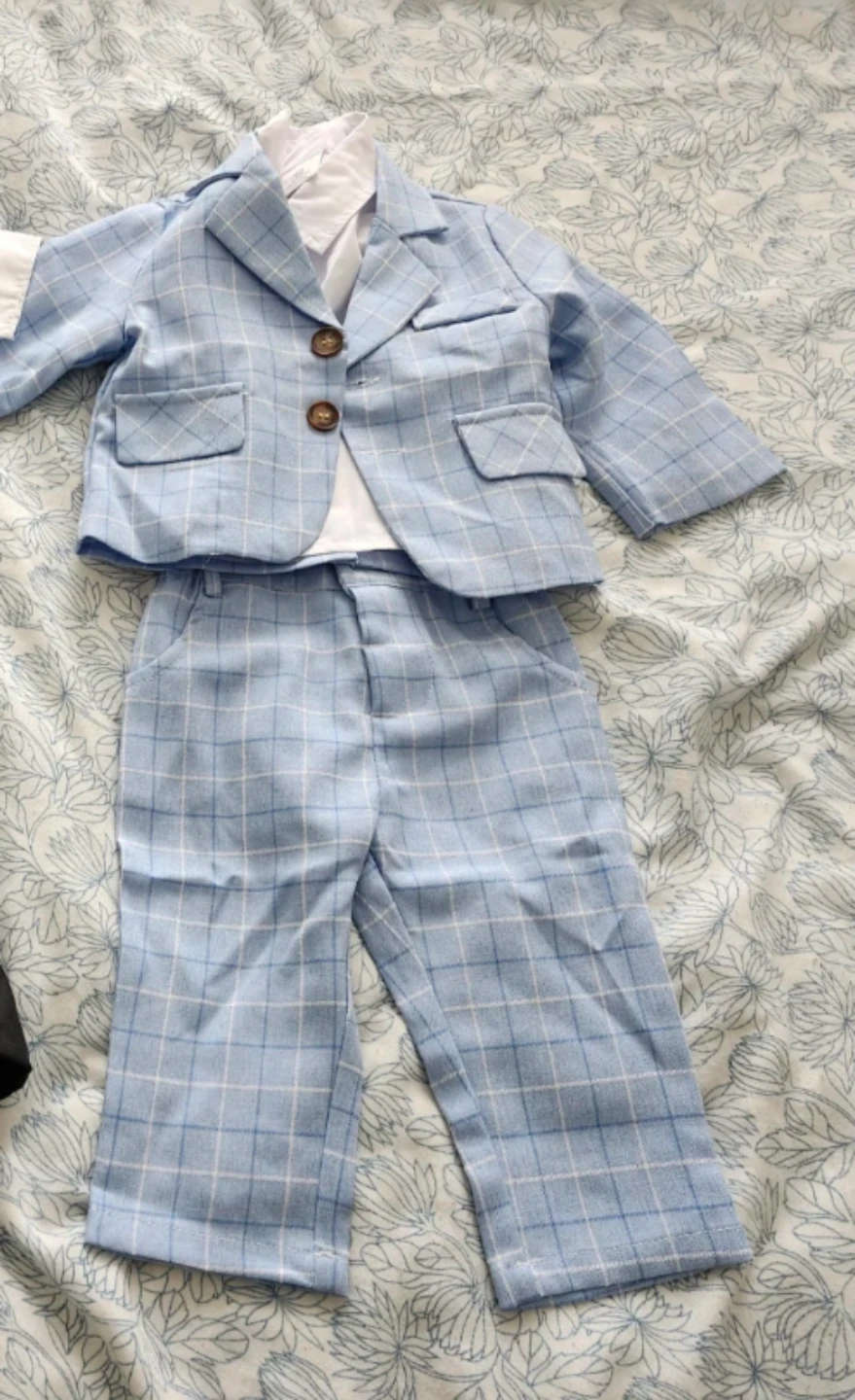 Boys Light Blue Plaid Suit Set (3 pieces)