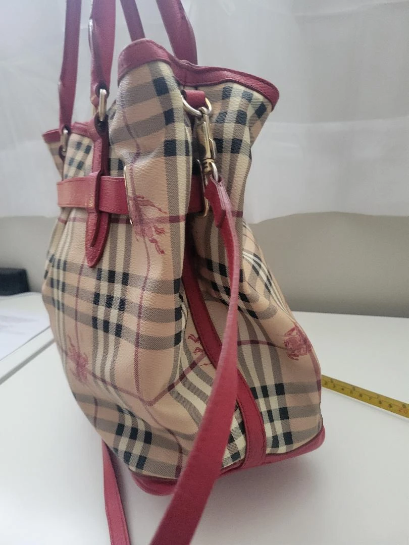 Burberry Haymarket Check Tote Bag with Red Leather Trim - photo 3