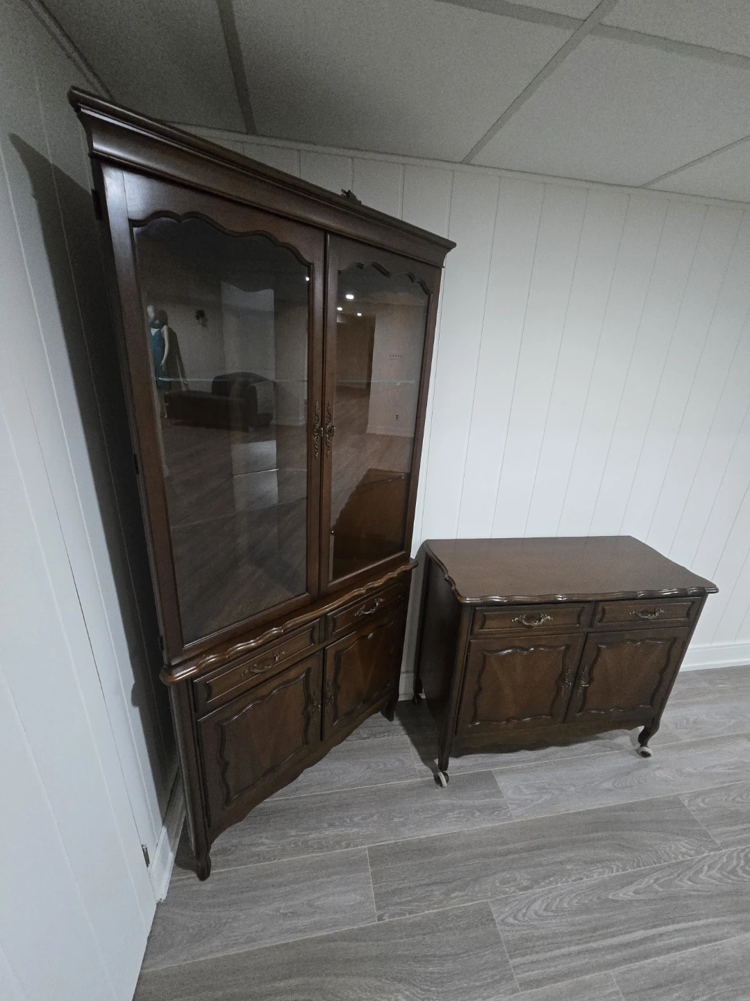 Vintage Wood China Cabinet and Side Table Set. Malcolm Furniture
