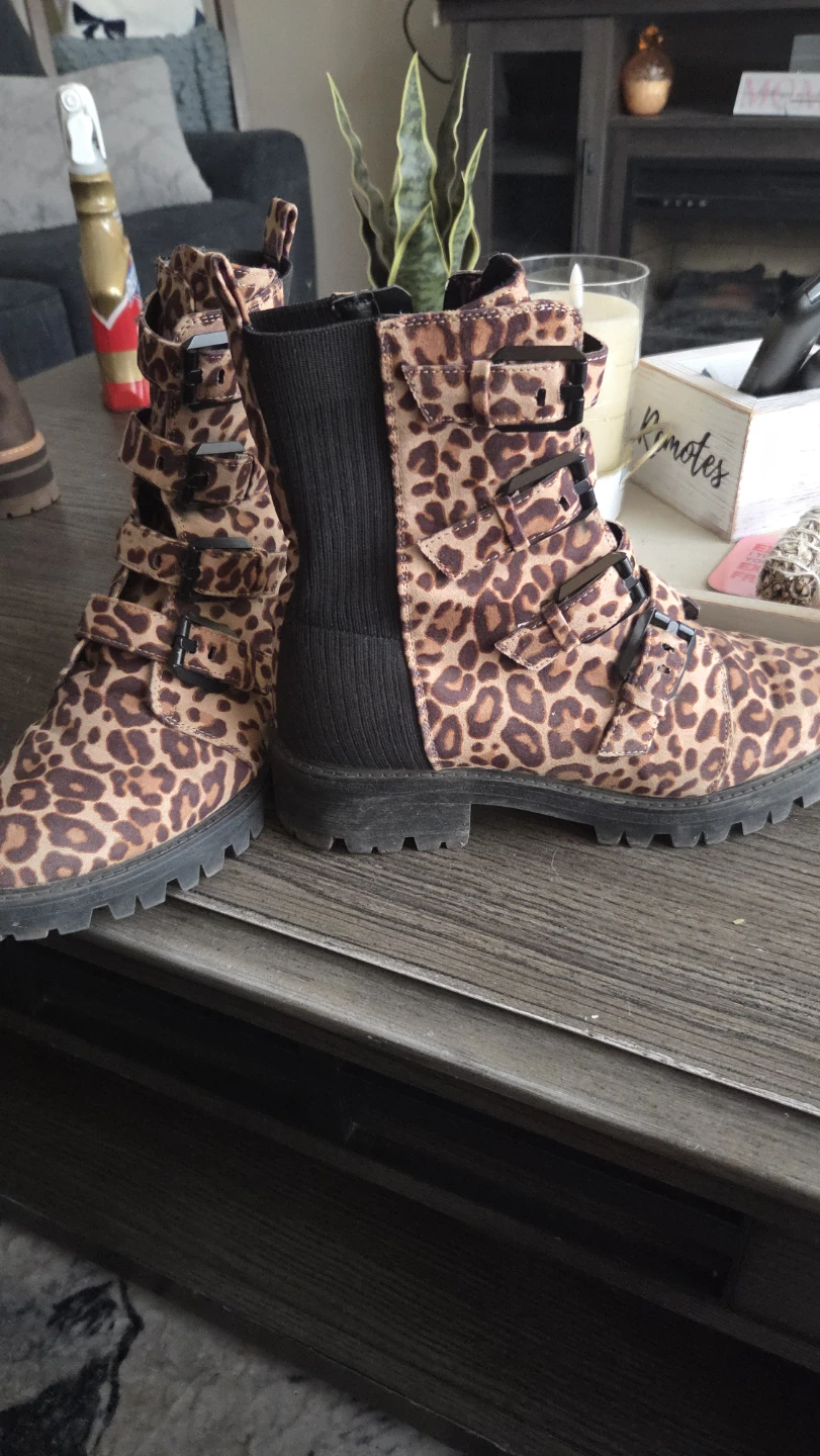 Leopard Print Combat Boots with Buckle Detail