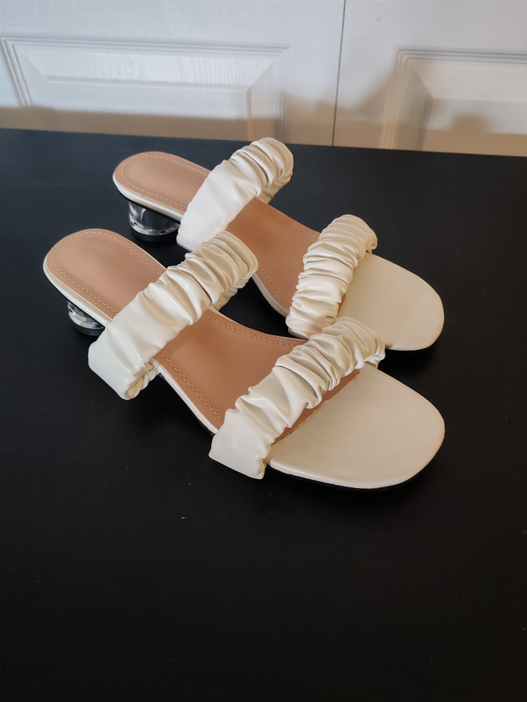 Women's White Ruched Strap Block Heel Sandals