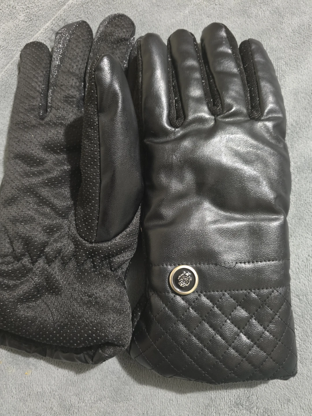Black Quilted Faux Leather Gloves with Grippy Palms