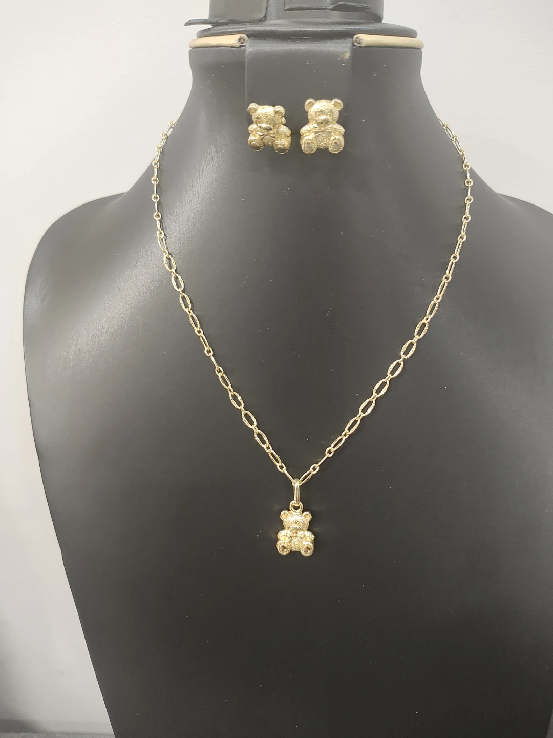 Gold Tone Teddy Bear Necklace and Earrings Set