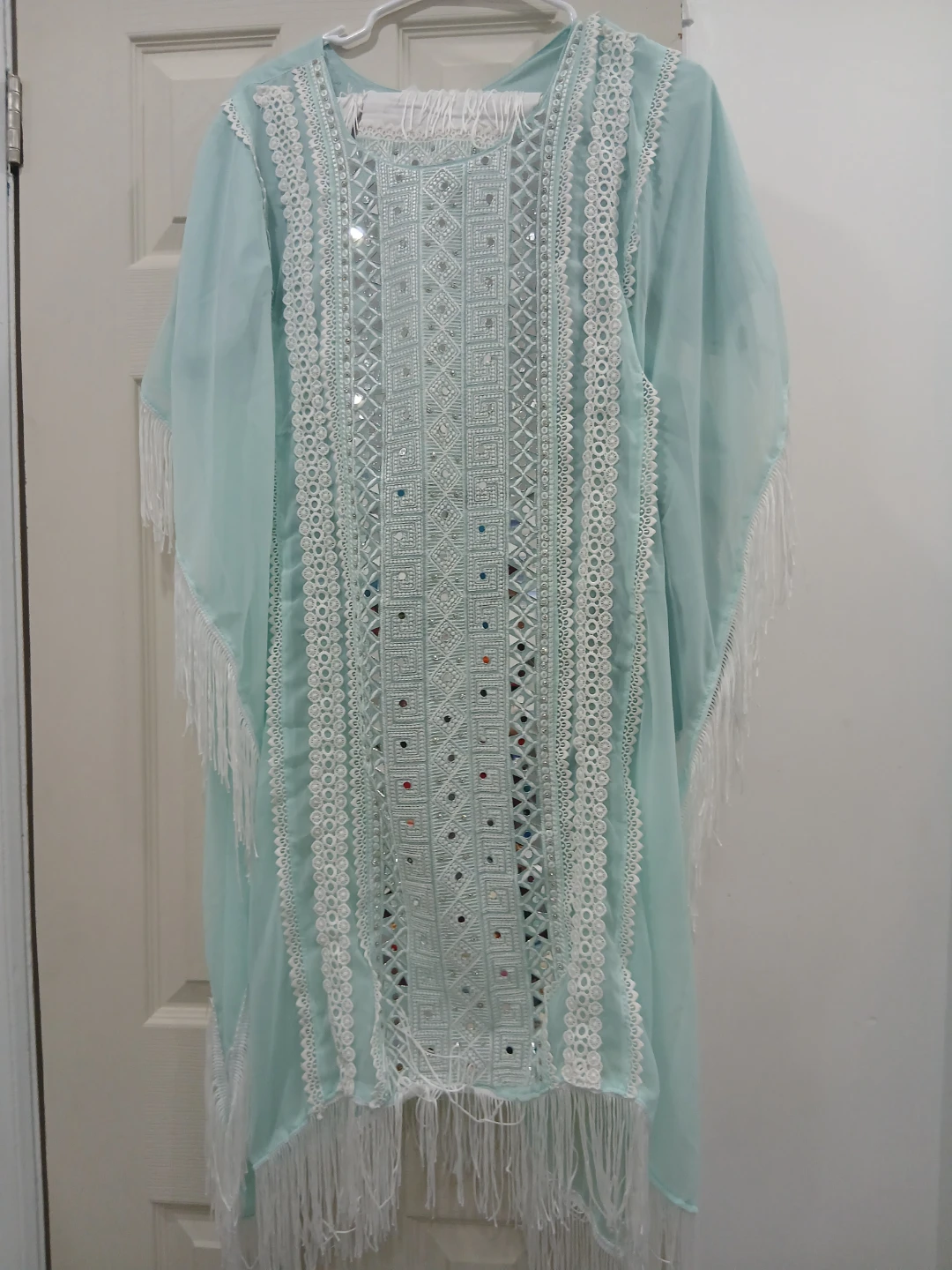 Light Blue Kaftan Dress with Mirror Work and Fringe