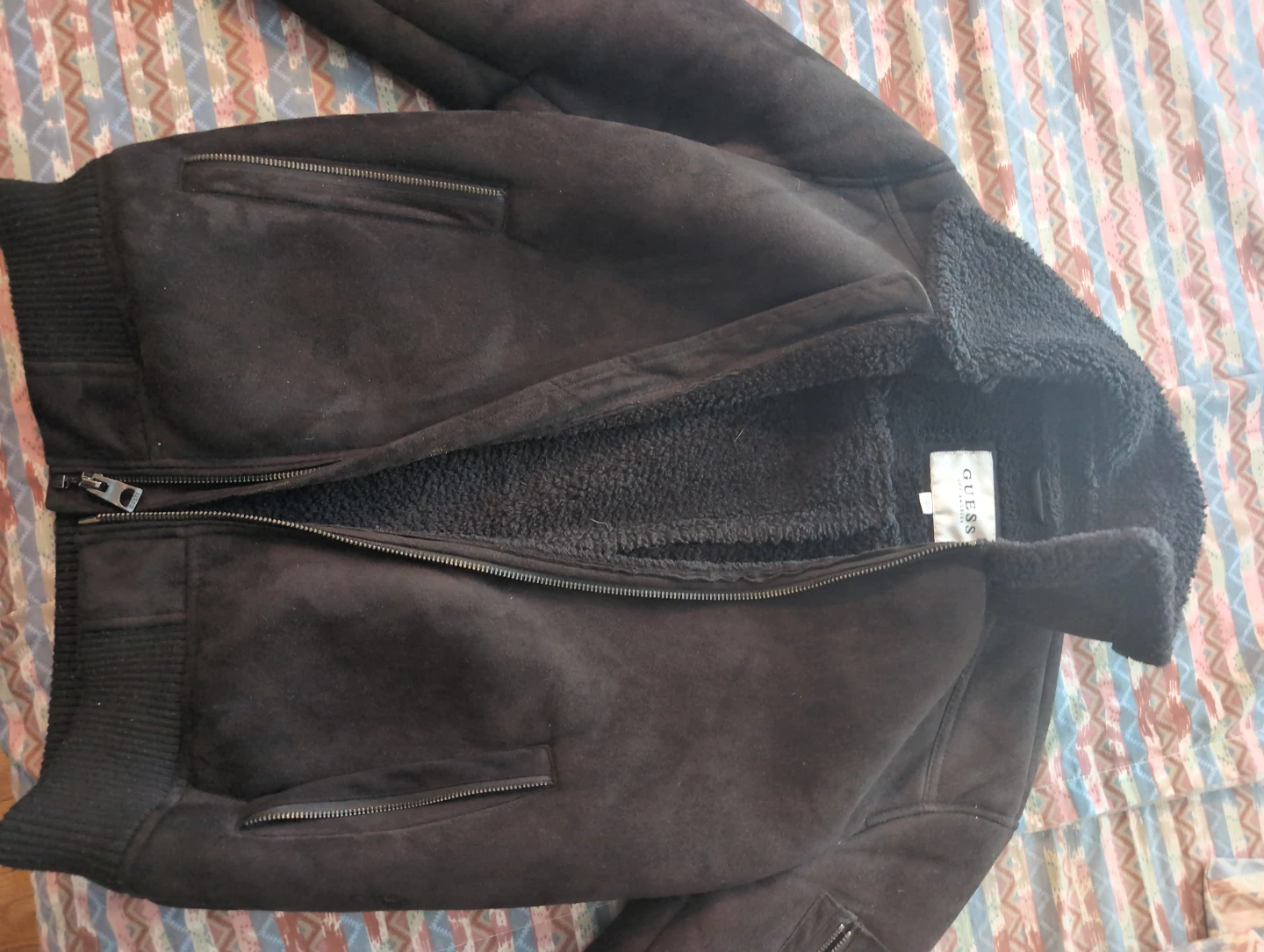 Guess Black Suede Sherpa Lined Bomber Jacket