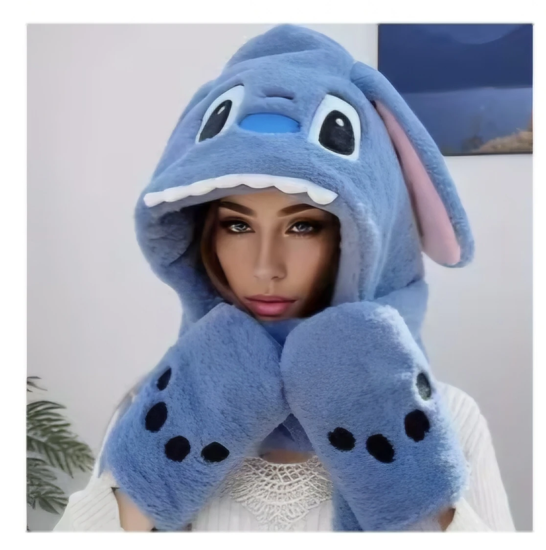 Blue Stitch Plush Hat with Mittens Scarf Combo
