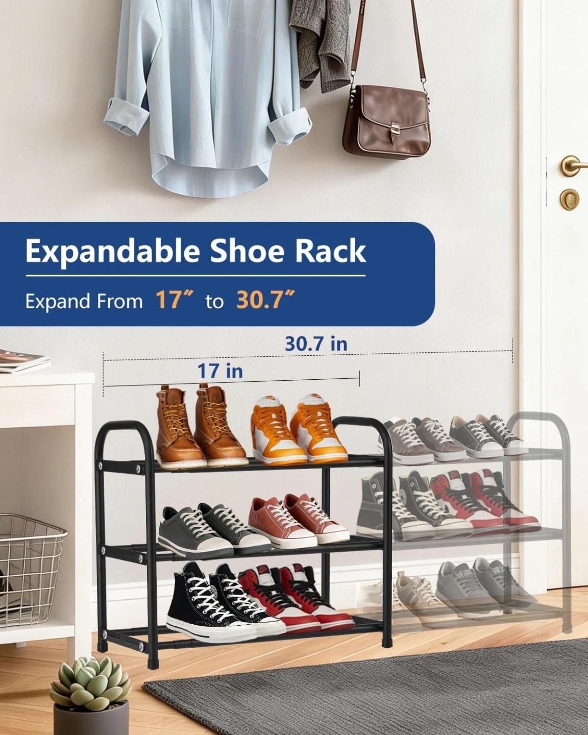 ASULUPHY Black Expandable Shoe Rack, 3 Tier Metal, - photo 3