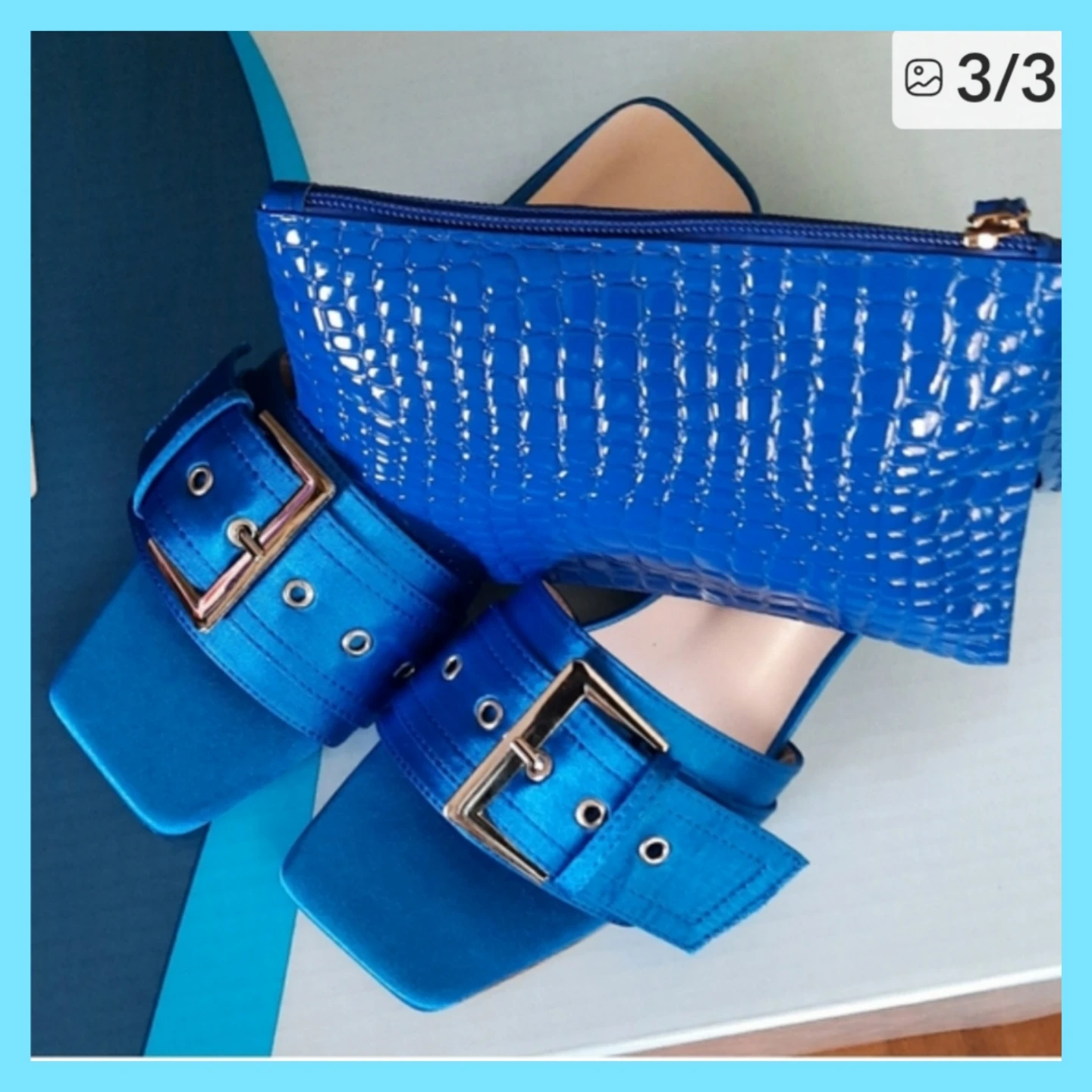 (Set)Blue Satin Block Heel Sandals with Matching Clutch - photo 3