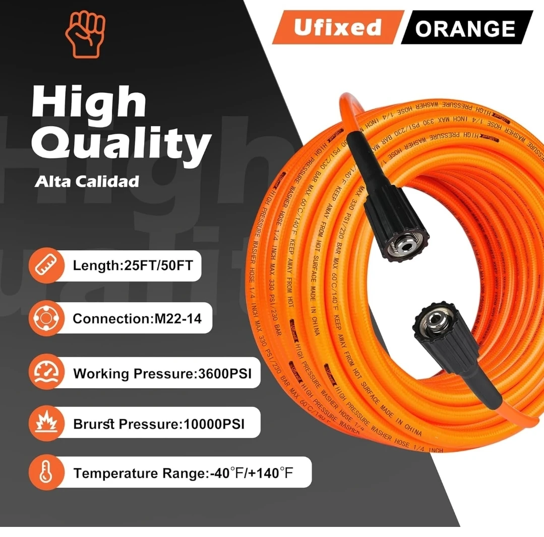 Ufixed Orange Pressure Washer Hose - 50 FT, 3600 PSI - photo 3