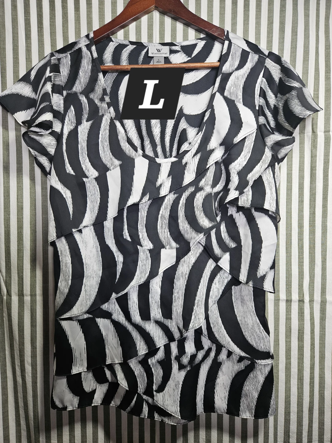 Worthington Black & White Animal Print Tiered Blouse - Size L