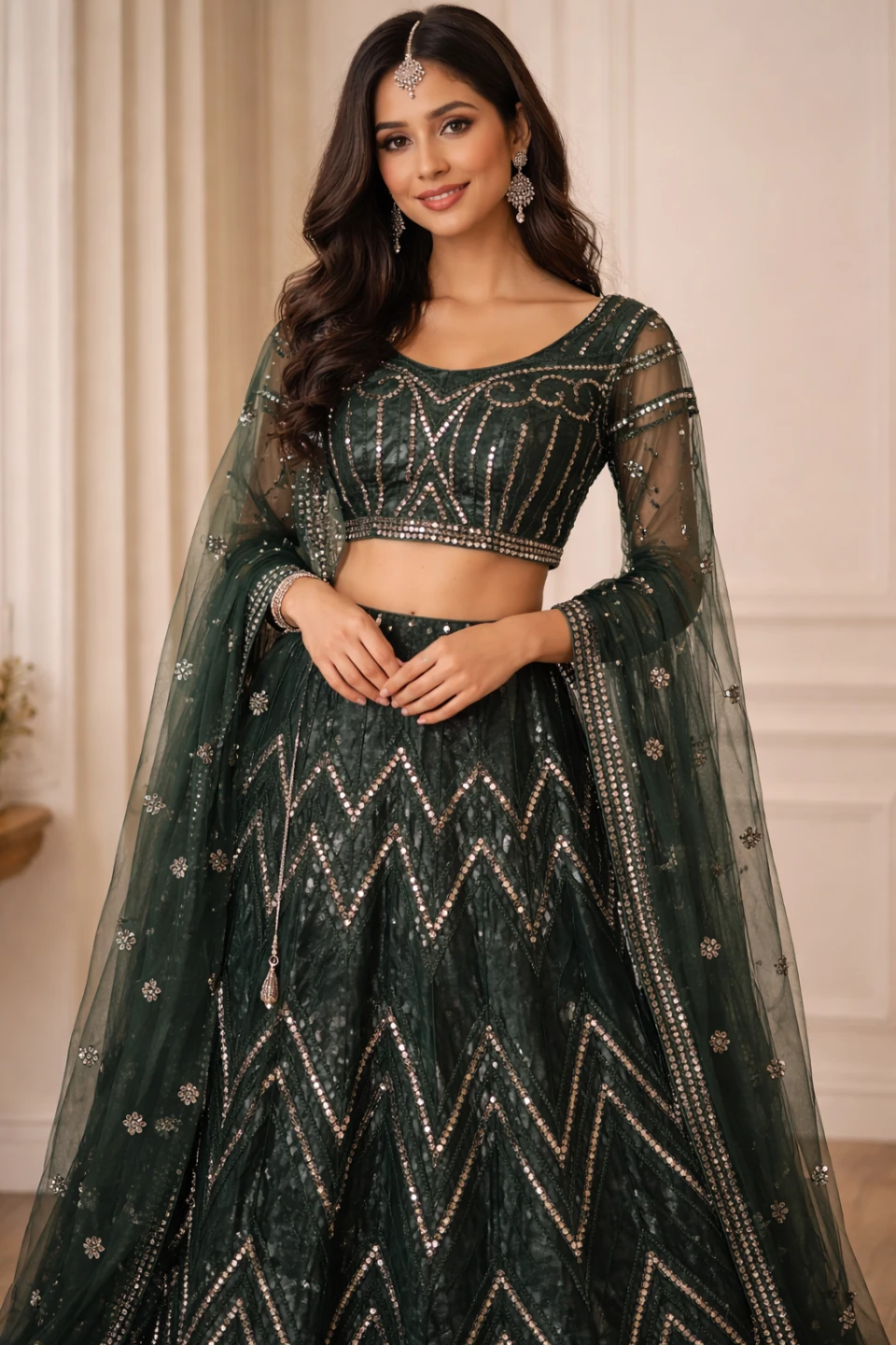 Sequin Embellished Lehenga Choli Set - Dark Green