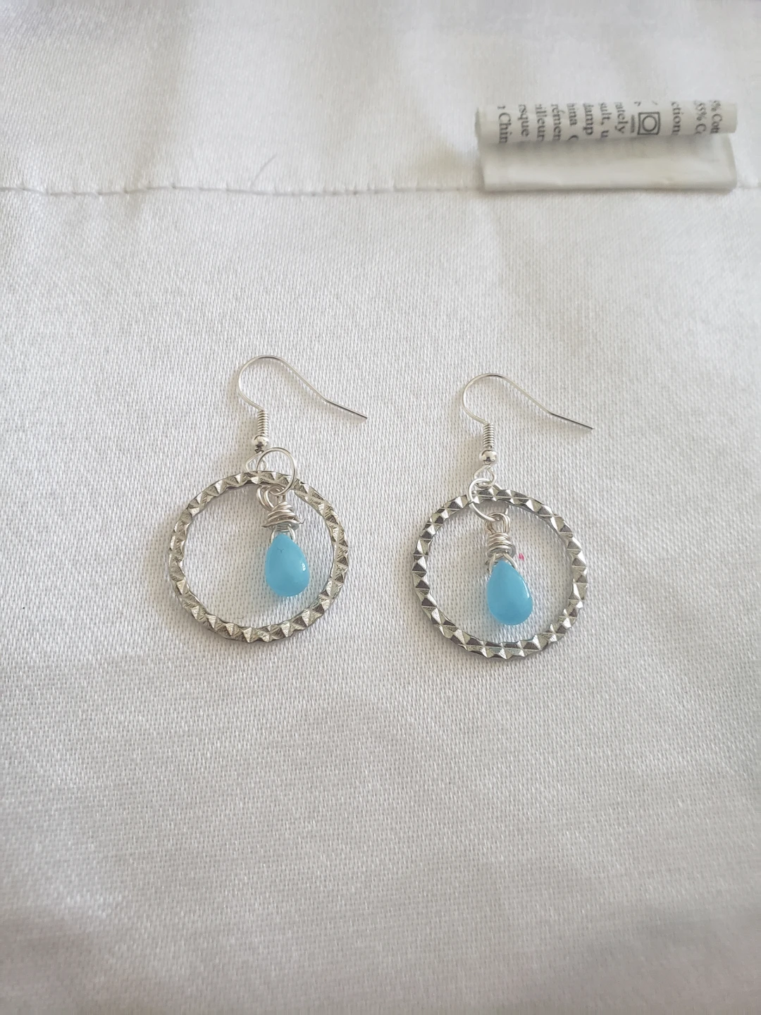 Silver Hoop Earrings with Blue Teardrop Charm
