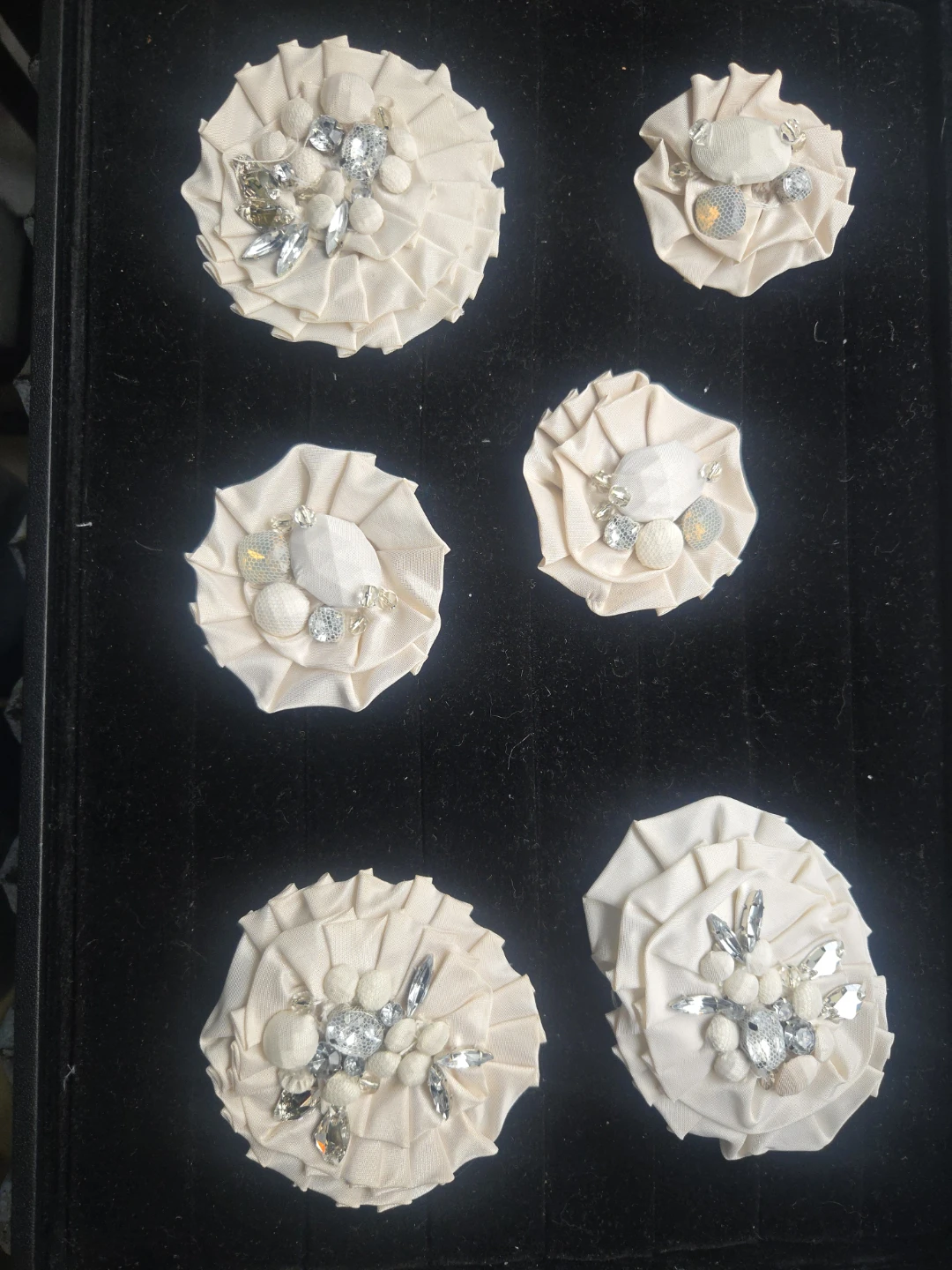 Set of 6 Fabric Flower Embellishments with Rhinestones