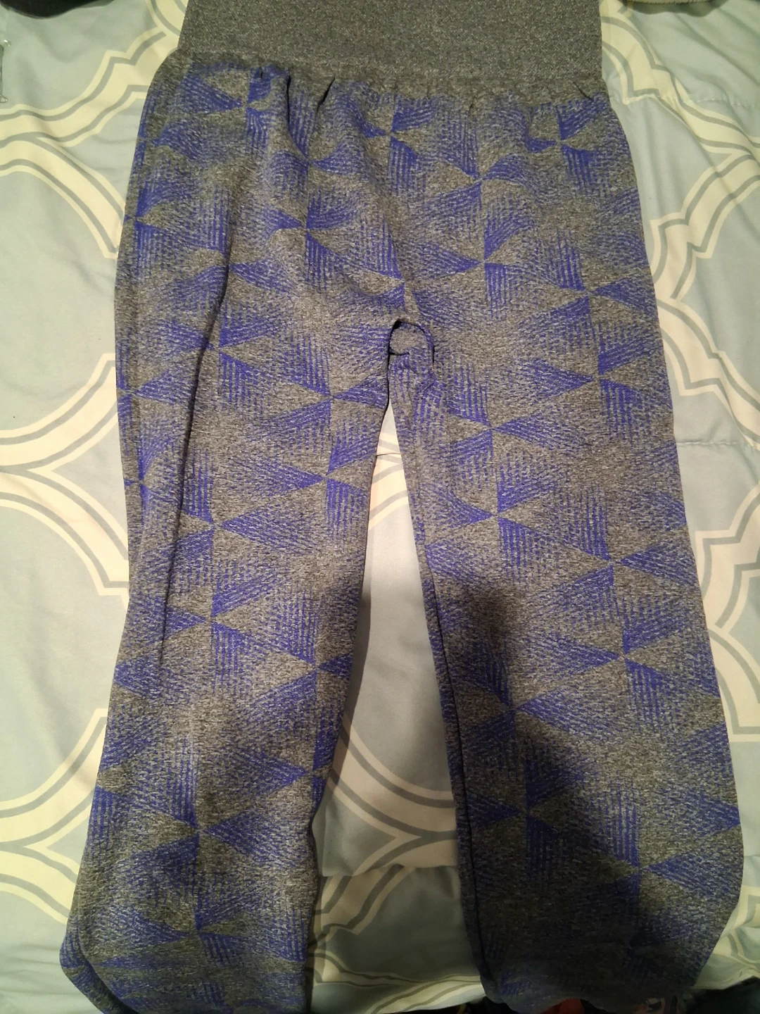 Grey and blue geometric print athletic pants