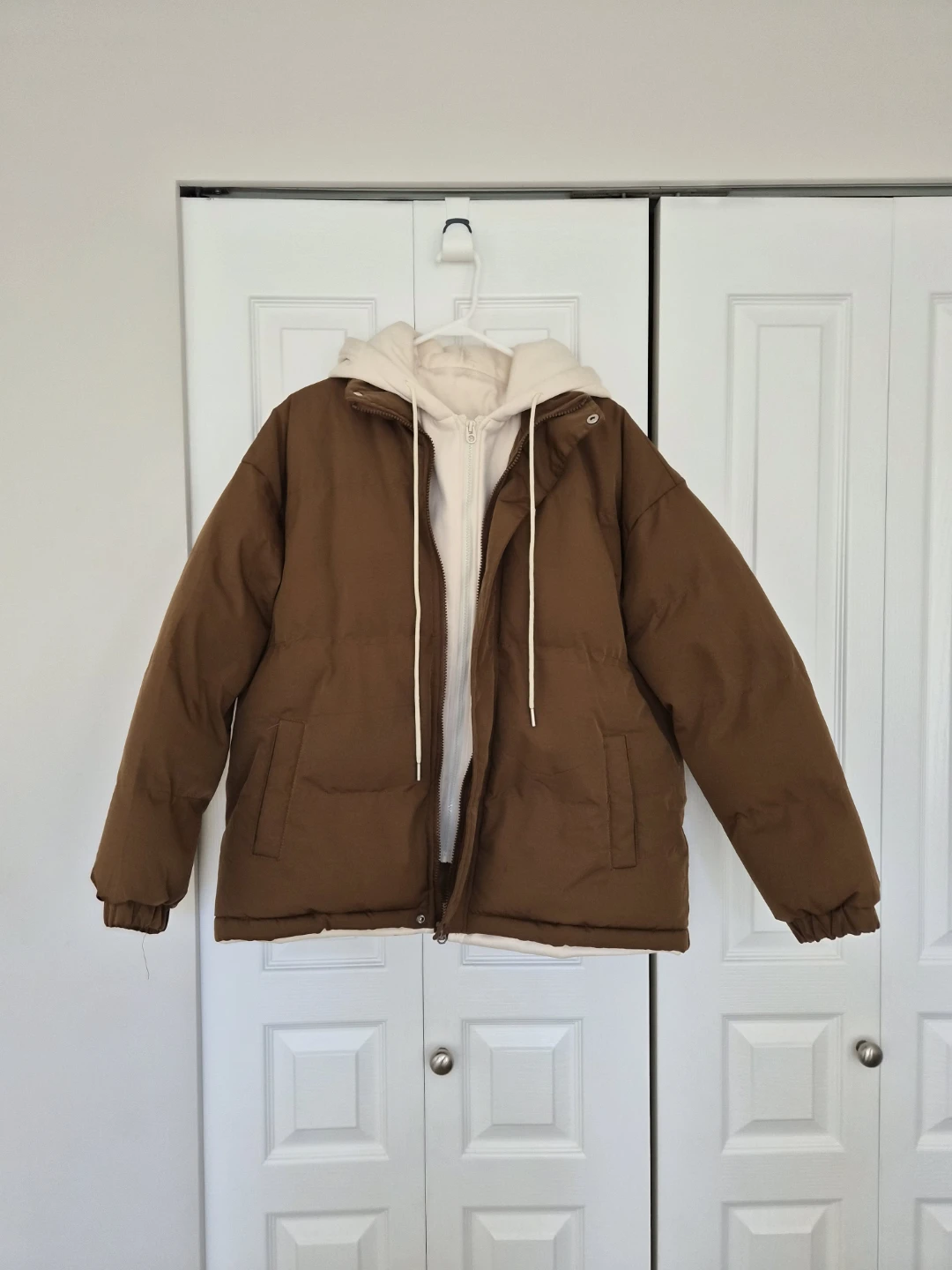 Brown Puffer Jacket with Cream Hood