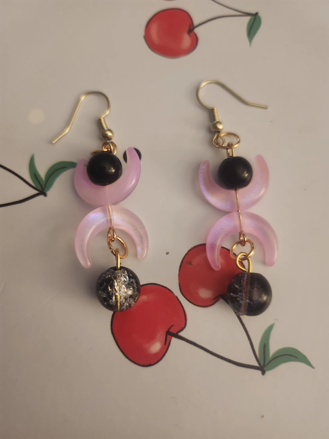 Handmade Pink Crescent Moon and Black Crackle Bead Earrings