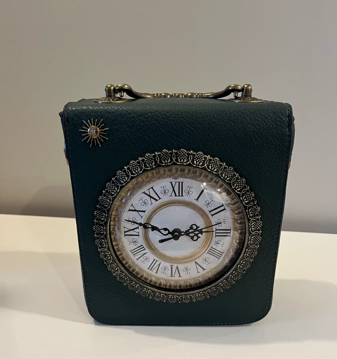 Dark Green Faux Leather Steampunk Handbag with Clock Design