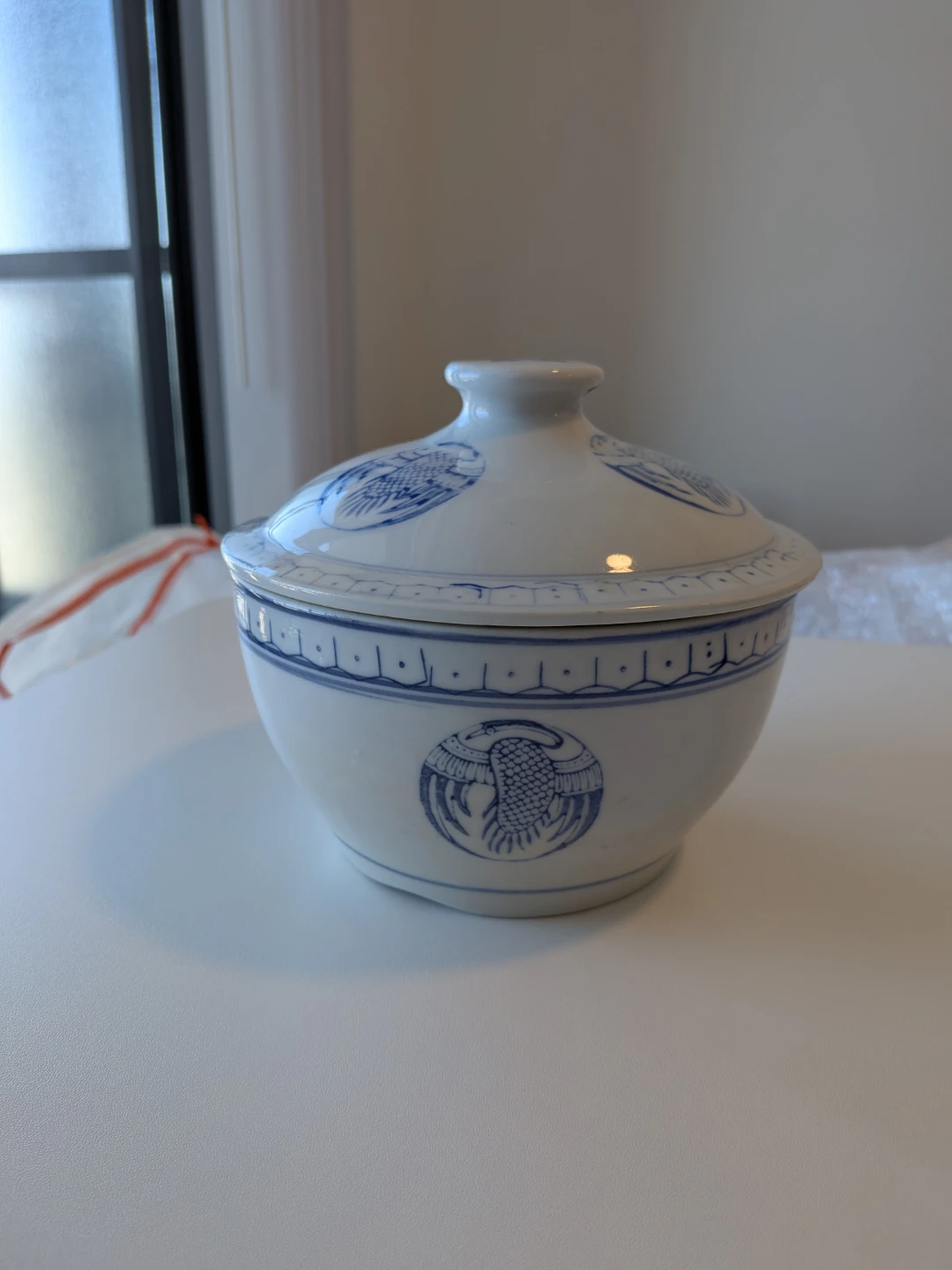 6" diameter Blue and White Crane Ceramic Bowl with Lid