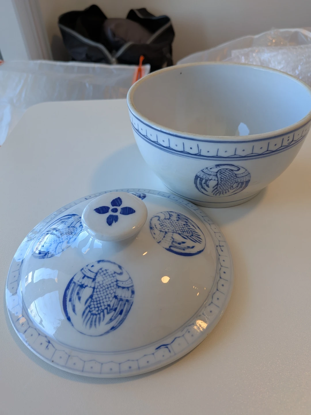 6" diameter Blue and White Crane Ceramic Bowl with Lid - photo 2