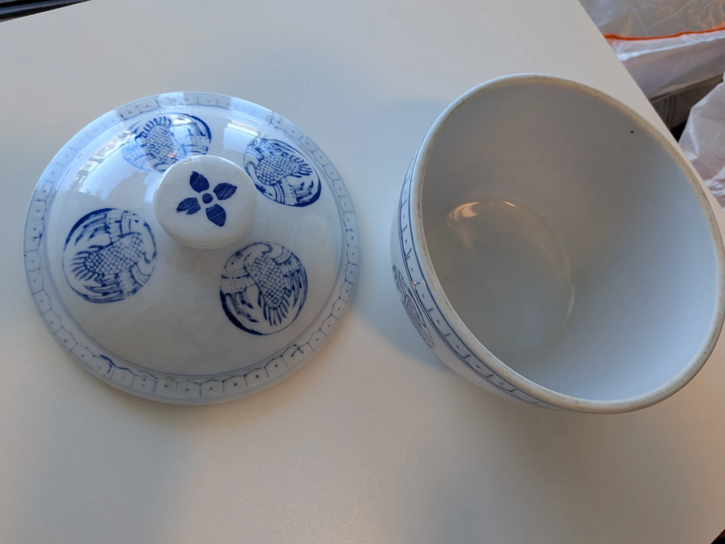 6" diameter Blue and White Crane Ceramic Bowl with Lid - photo 3