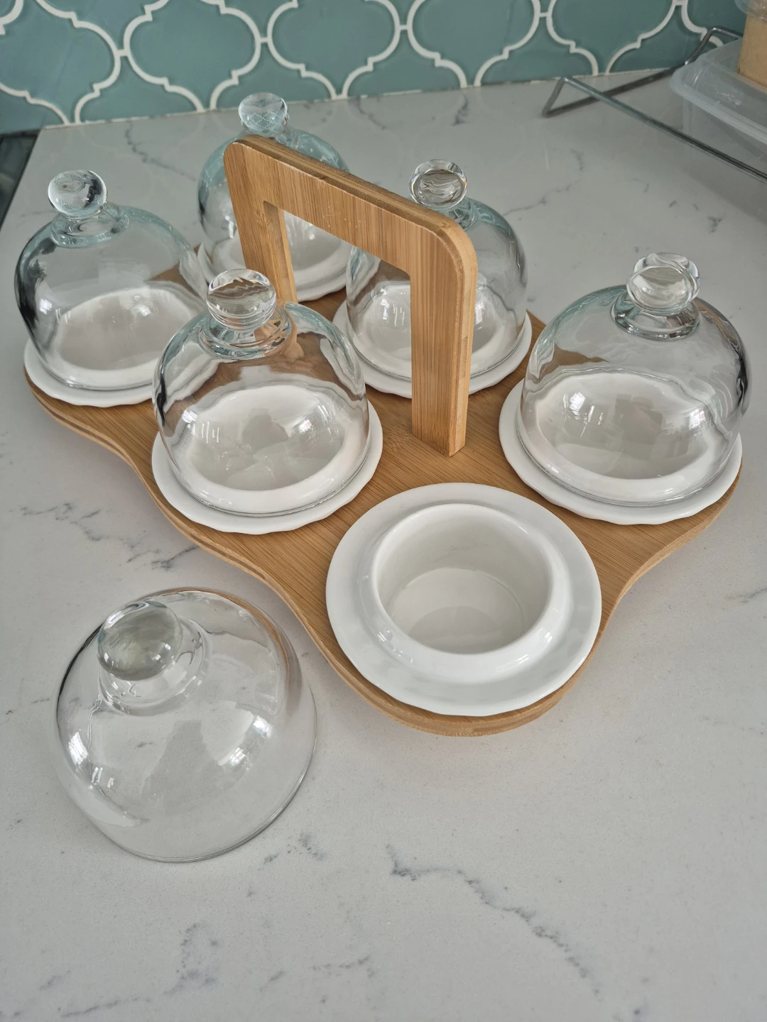 Glass Dome Dessert Serving Set with Bamboo Stand - photo 2