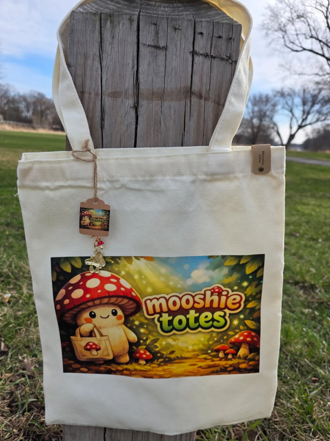 Mooshie Totes Canvas Tote Bag with Mushroom Charm