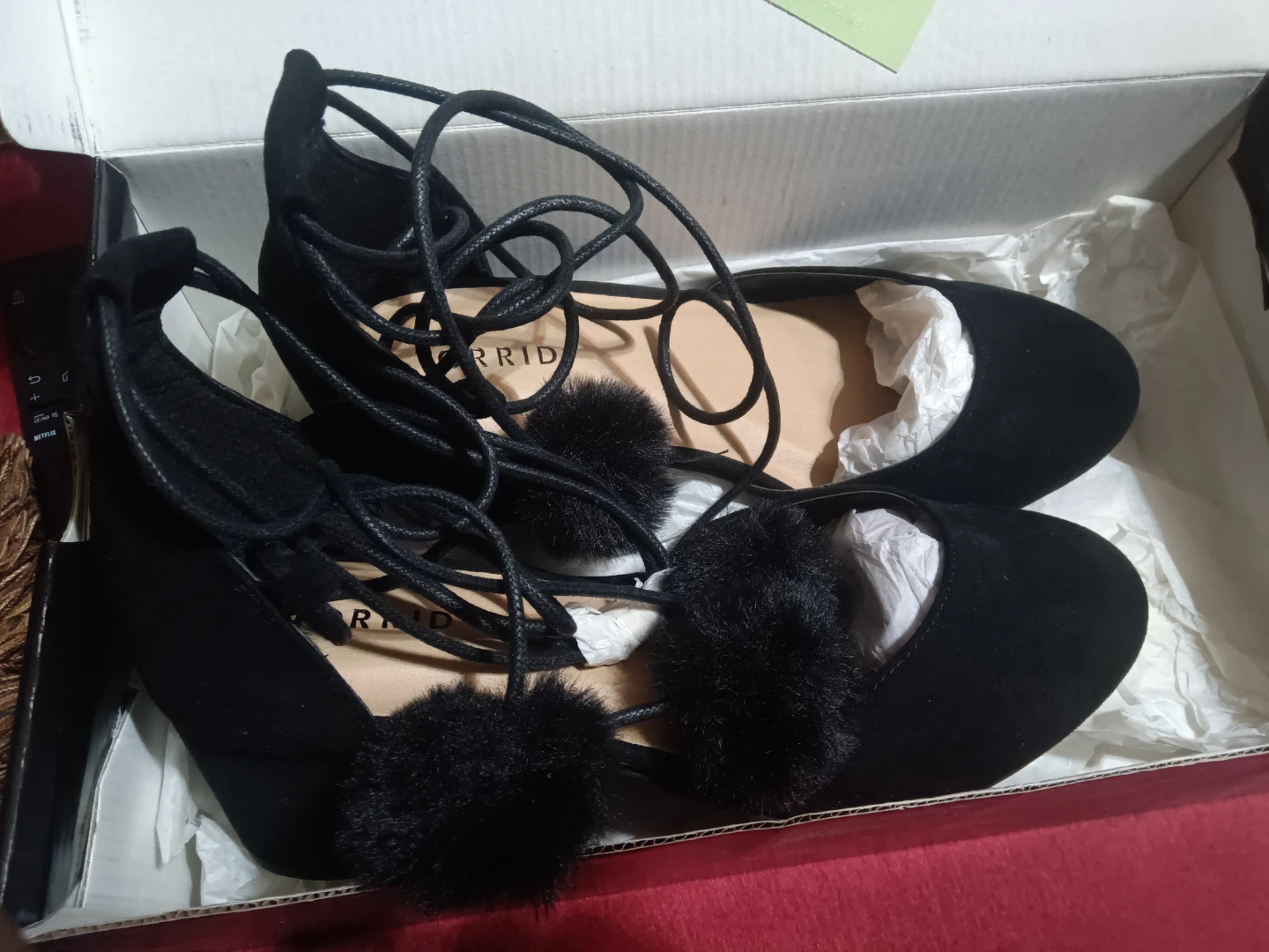 Torrid Black Suede Lace-Up Pom Pom Heels