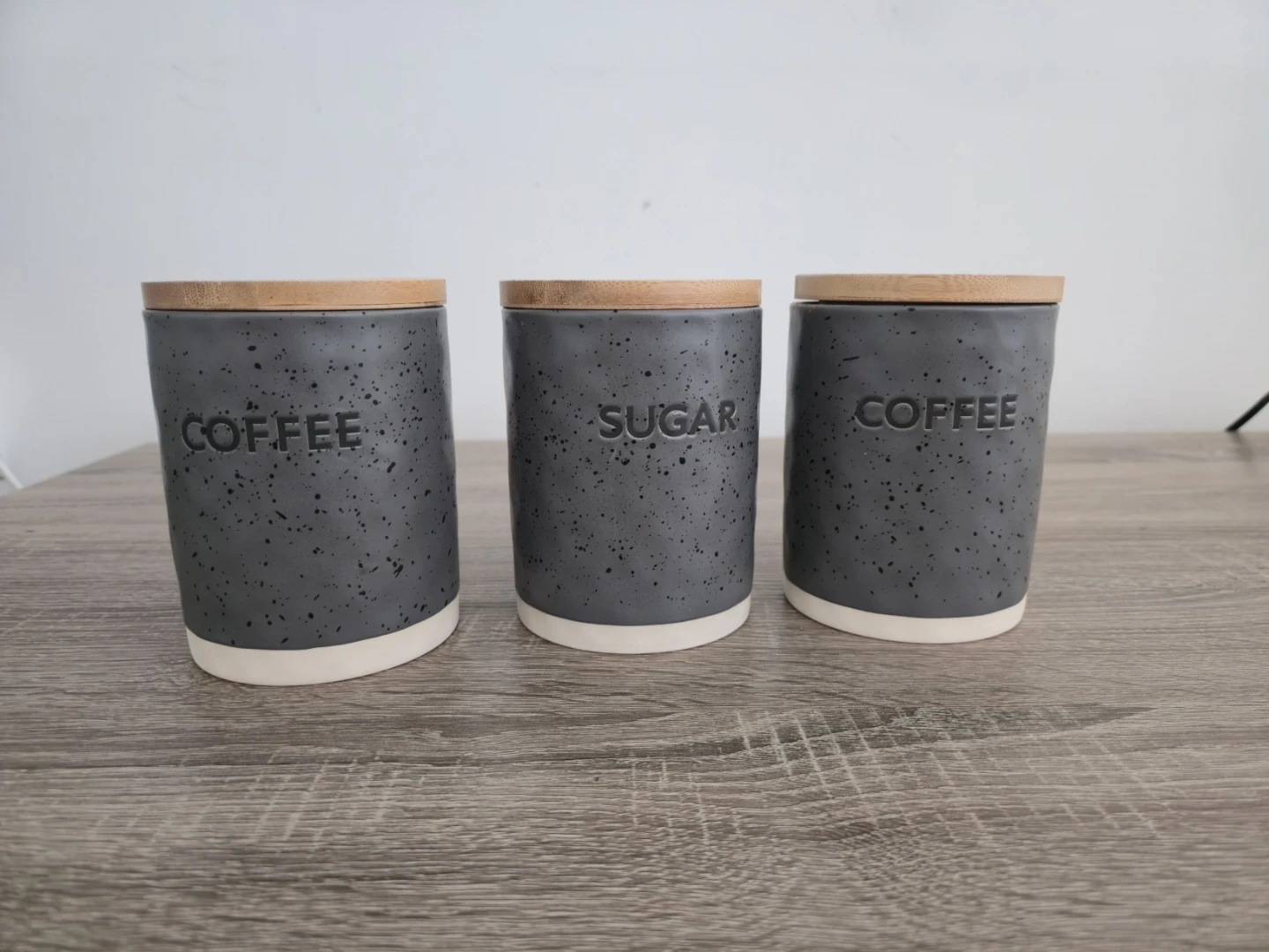 Set of 3 Grey Speckled Canisters with Bamboo Lids
