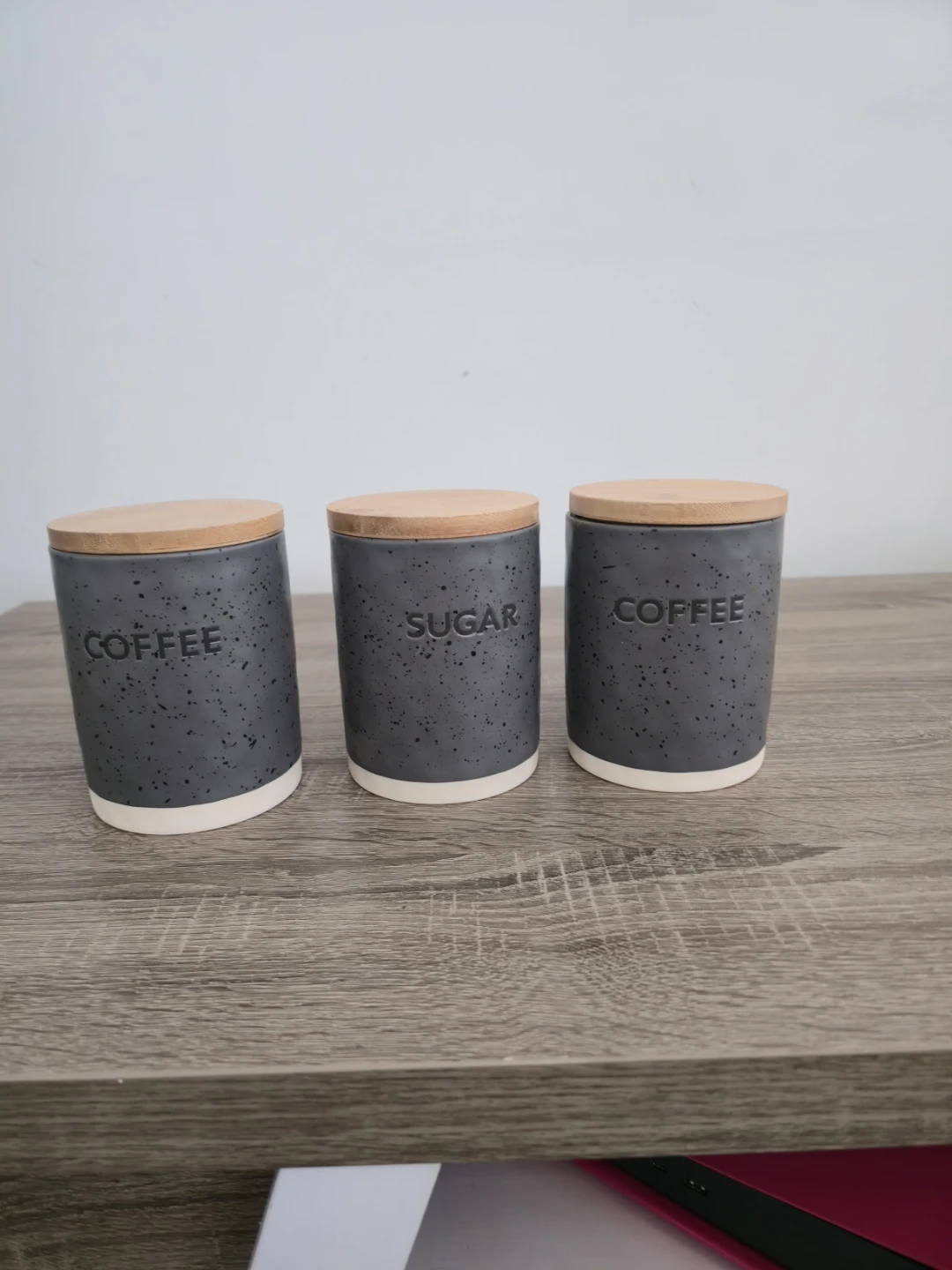 Set of 3 Grey Speckled Canisters with Bamboo Lids - photo 2