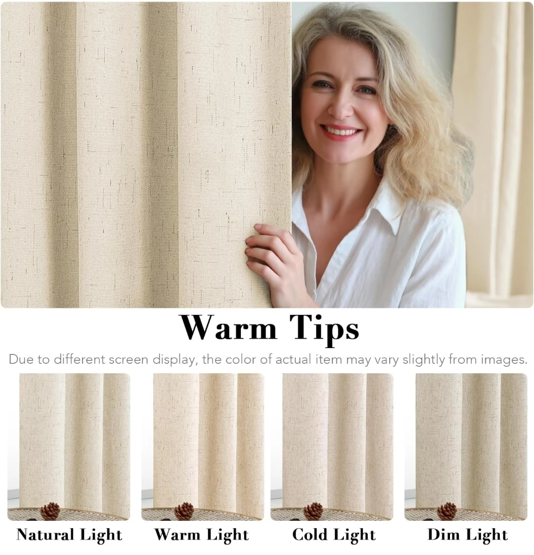 Faux Linen Textured Grommet Curtains - Beige - photo 4