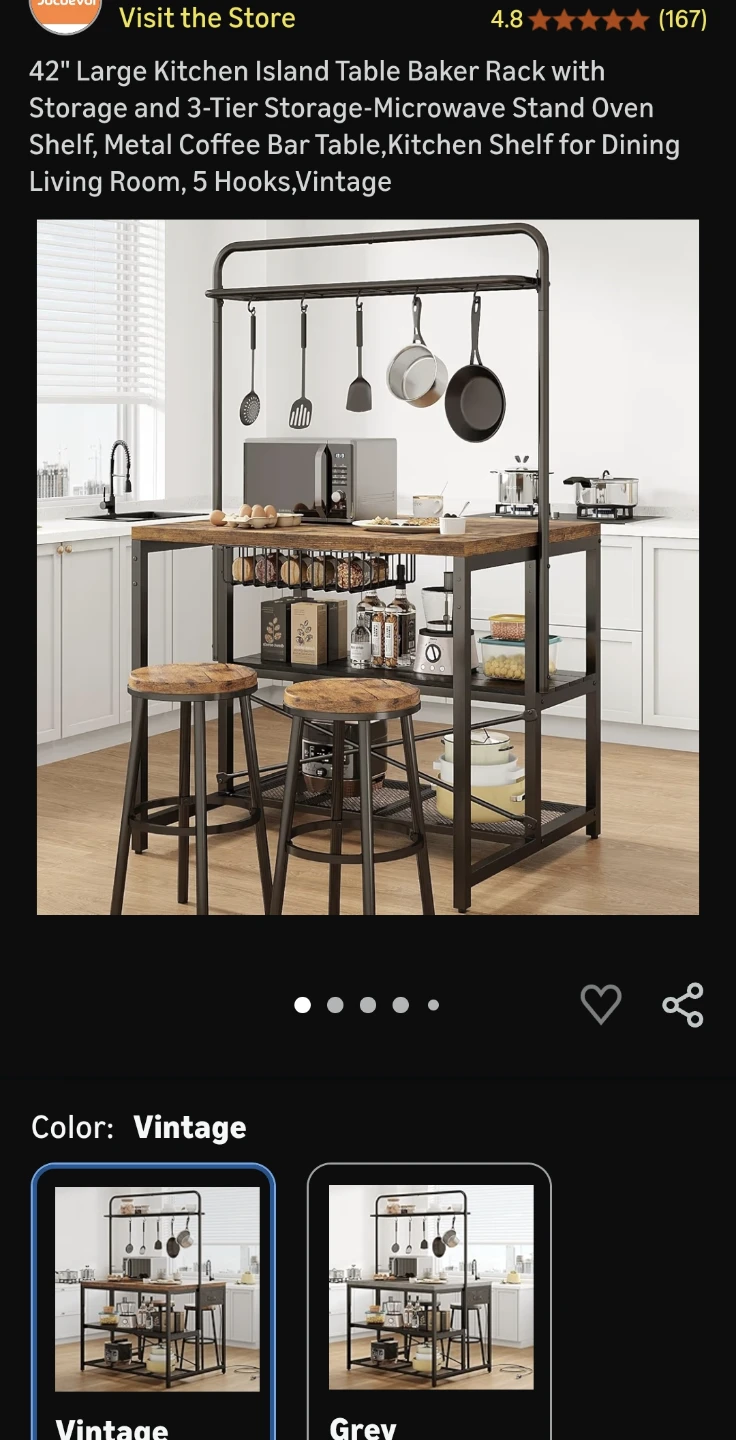 42" Kitchen Island Table Baker Rack with Storage