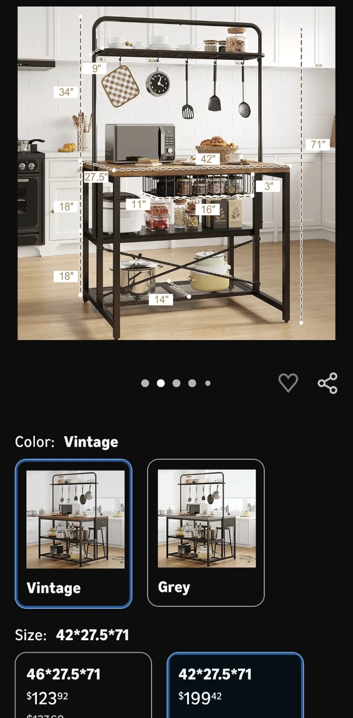 42" Kitchen Island Table Baker Rack with Storage - photo 2