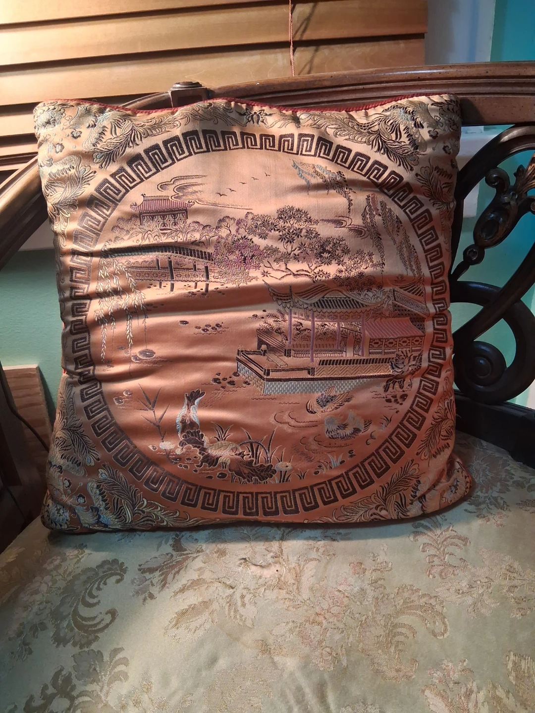 Antique Chair & Decorative Accent Pillow with Asian Landscape - photo 4