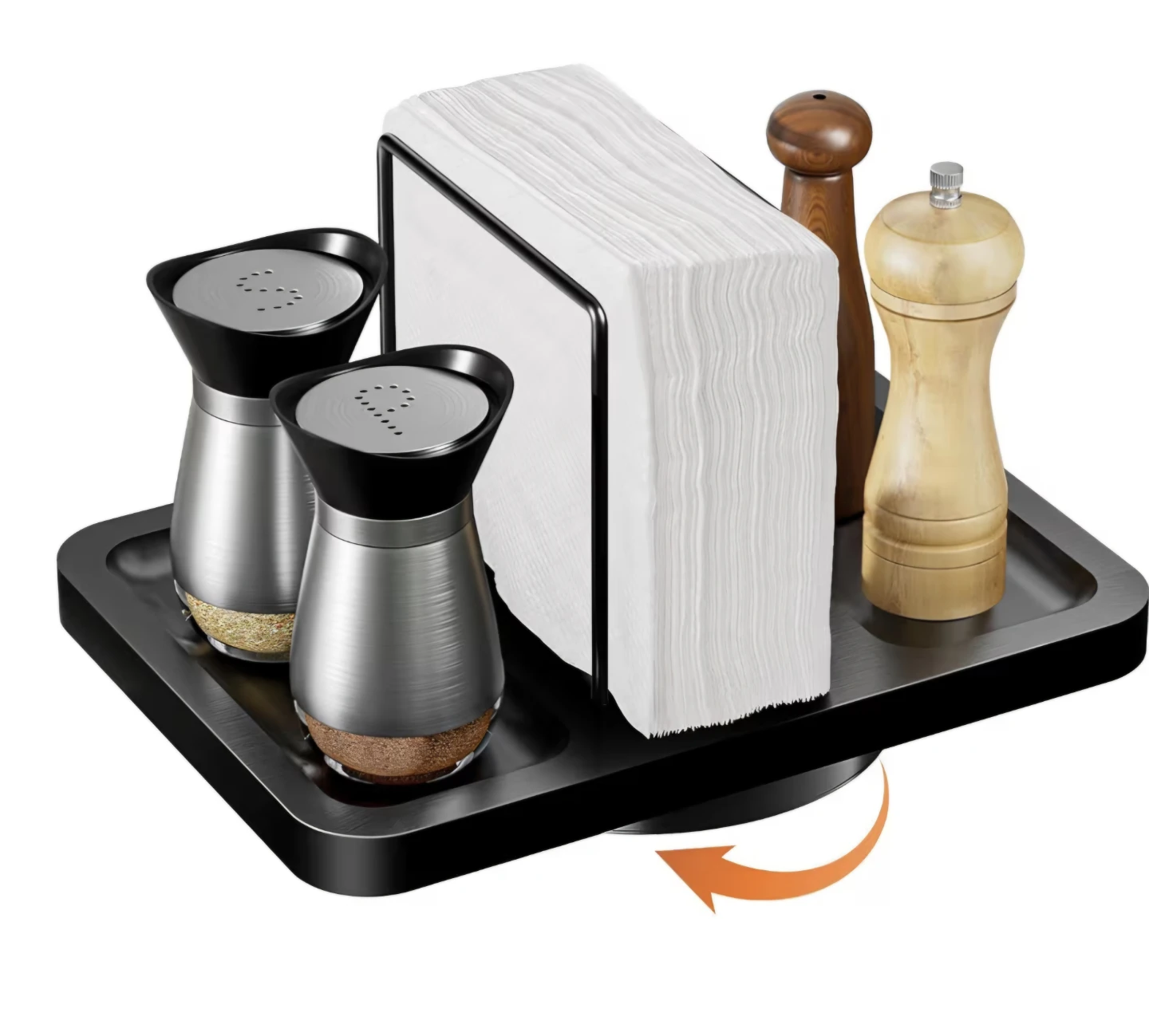 Rotating Napkin Holder Dispenser with Salt Pepper Shakers Caddy