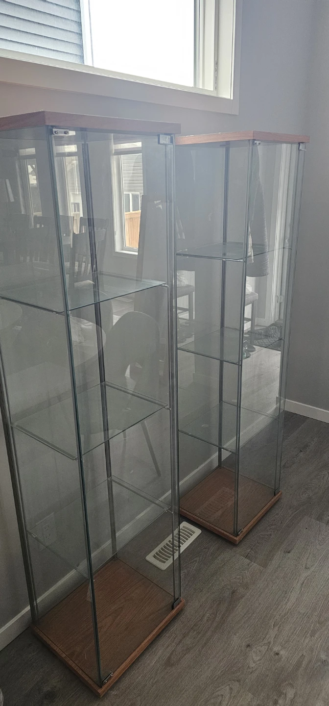 Glass display cabinets with wood trim (2 available)