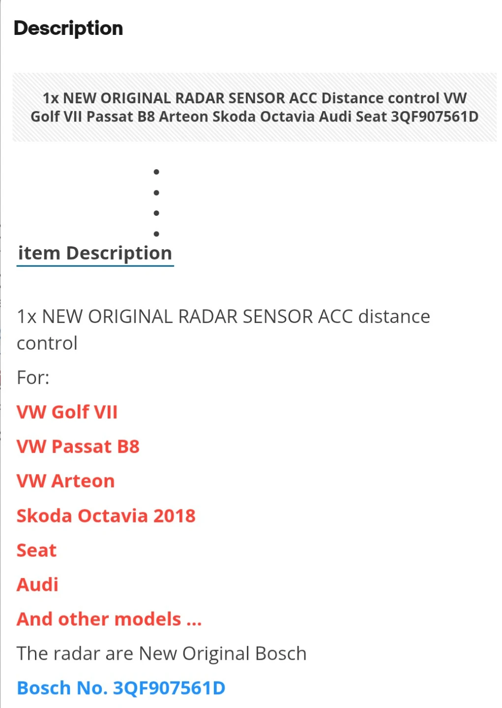 Bosch 3Q7 907 561 D Radar Sensor - photo 5