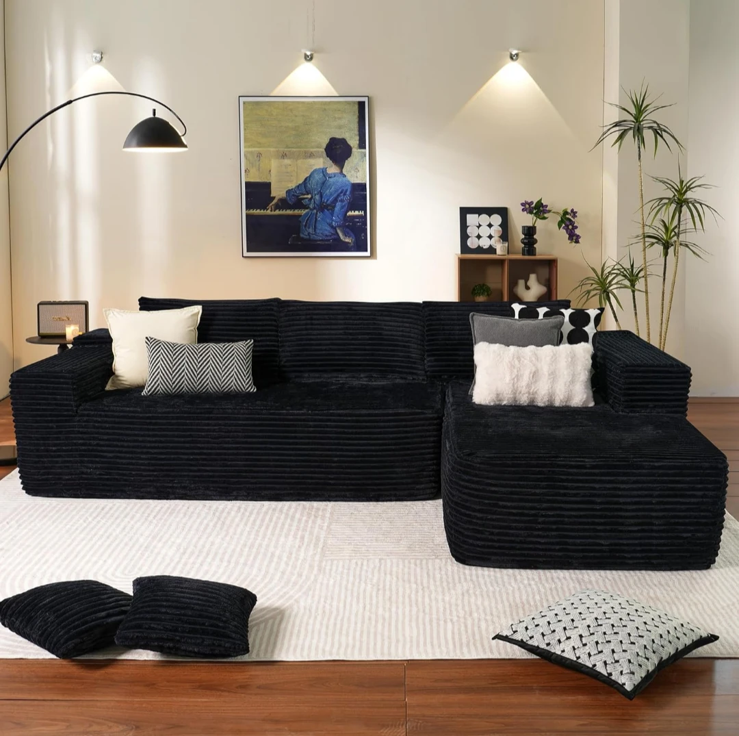 Black Corduroy Sectional Sofa with Ottoman 🥕