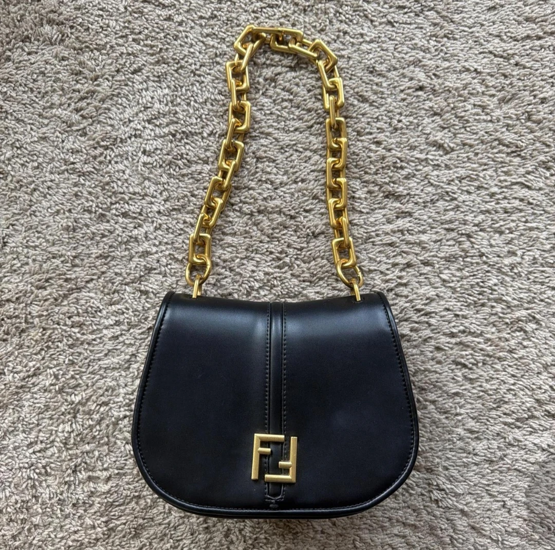 Black Leather Shoulder Bag with Gold Chain - photo 2