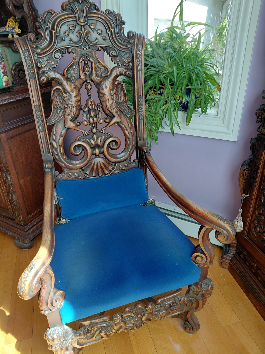Antique Ornate Carved Wood Armchair with Blue Upholstery