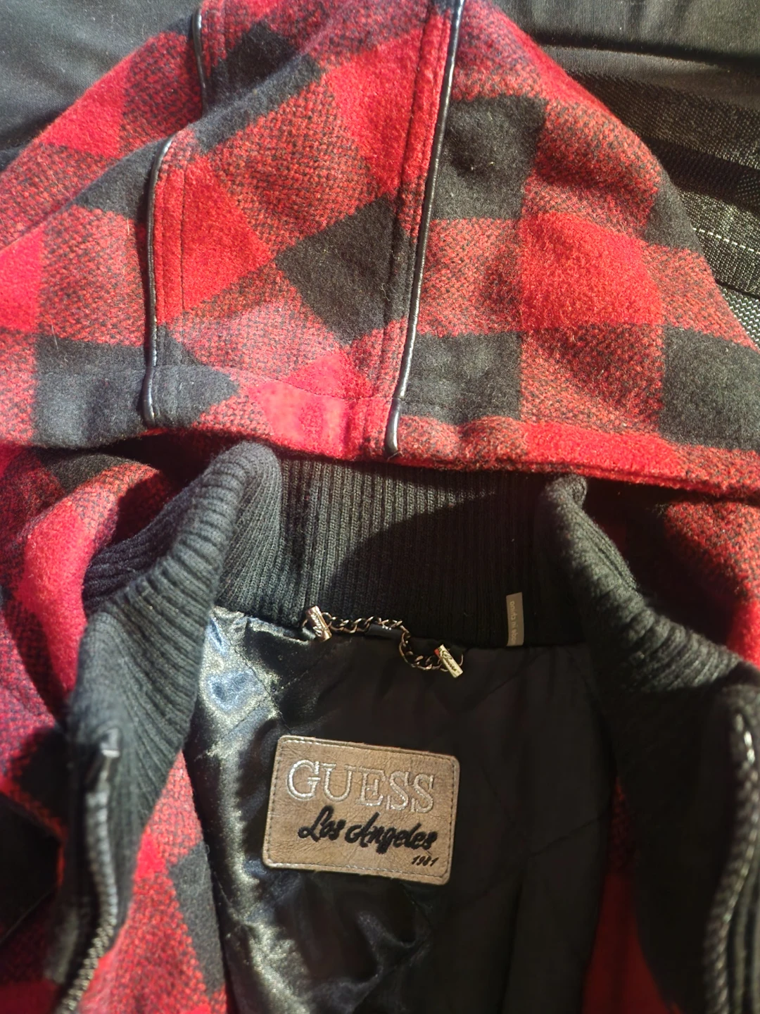 GUESS Red Black Plaid Hooded Jacket with Faux Leather Sleeves - photo 4