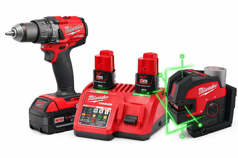 Milwaukee Tool Set- M18 FUEL Drill + M12 Laser + Dual Charger