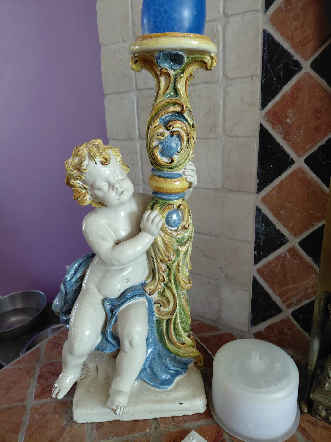 Cherub Candlestick Holder with Blue Glass Top